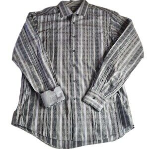 Bugatchi Uomo Shirt Men Medium Classic Fit Gray Stripe Versatile Club Flip Cuff